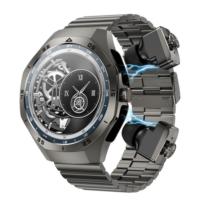 F38 Dual-ear Bluetooth Earphone Smart Watch IP67 Supports Heart Rate Monitoring, Watchband:Steel(Black)