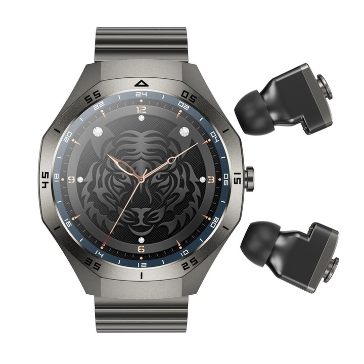 F38 Dual-ear Bluetooth Earphone Smart Watch IP67 Supports Heart Rate Monitoring, Watchband:Steel(Black)