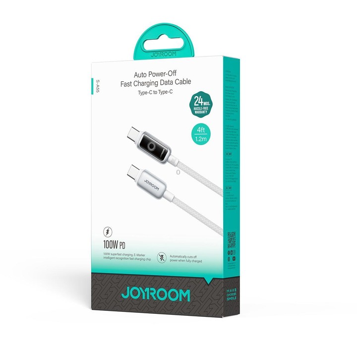 JOYROOM S-A55 StarFlight Series 100W Type-C to Type-C Auto Power-Off Fast Charging Data Cable, Length:1.2m(White)