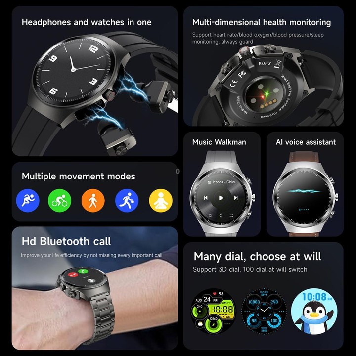 F39 1.43 inch AMOLED Screen 2 in 1 Bluetooth Earphone Smart Watch, Support Bluetooth Call / NFC(Grey Silicone)