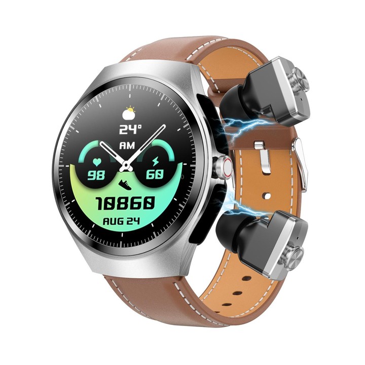 F39 1.43 inch AMOLED Screen 2 in 1 Bluetooth Earphone Smart Watch, Support Bluetooth Call / NFC(Brown Leather)