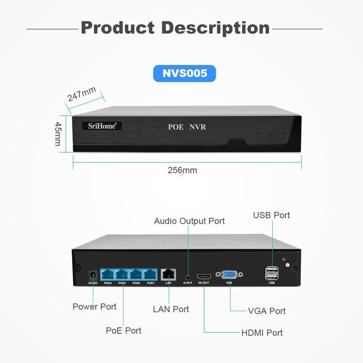 SriHome NVS005-POE065 5MP HD 4-CH POE Camera Network Video Recorder Kit(US Plug)