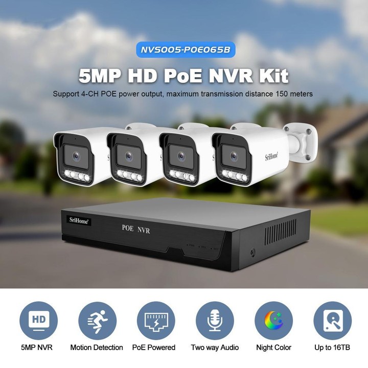 SriHome NVS005-POE065 5MP HD 4-CH POE Camera Network Video Recorder Kit(US Plug)