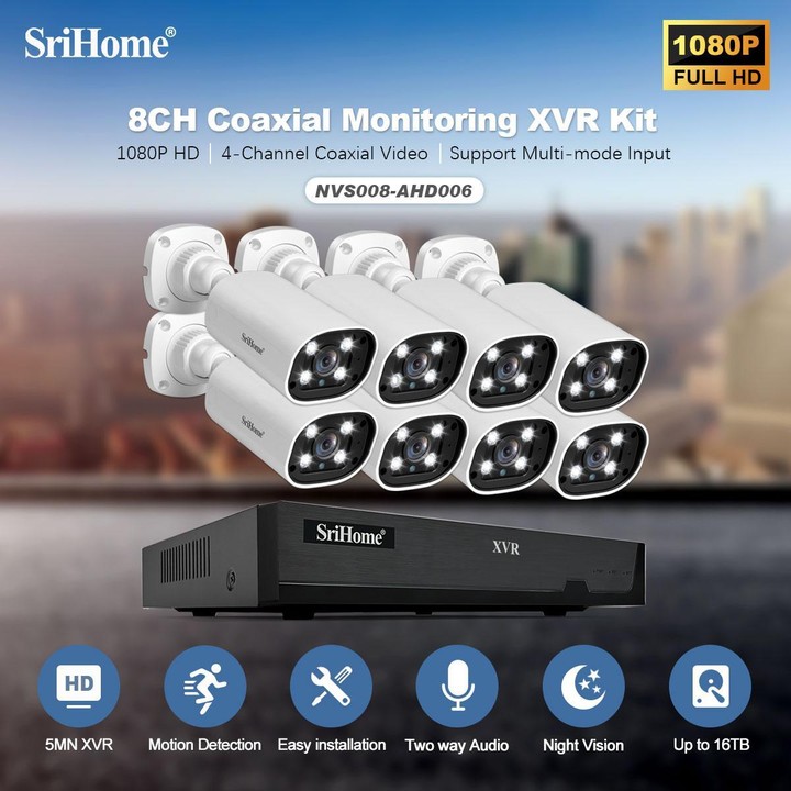 SriHome NVS008-AHD006 2MP HD 8-CH XVR NVR Camera Network Video Recorder Kit(EU Plug)