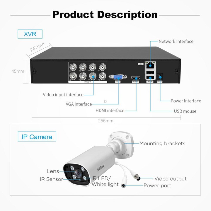 SriHome NVS008-AHD006 2MP HD 8-CH XVR NVR Camera Network Video Recorder Kit(AU Plug)