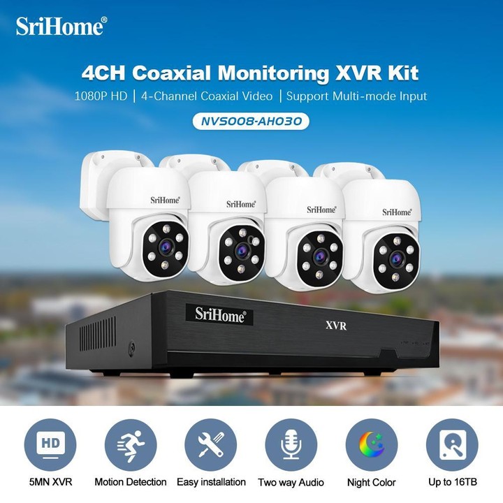 SriHome NVS008-AHD030 2MP HD 4-CH XVR NVR Camera Network Video Recorder Kit(UK Plug)