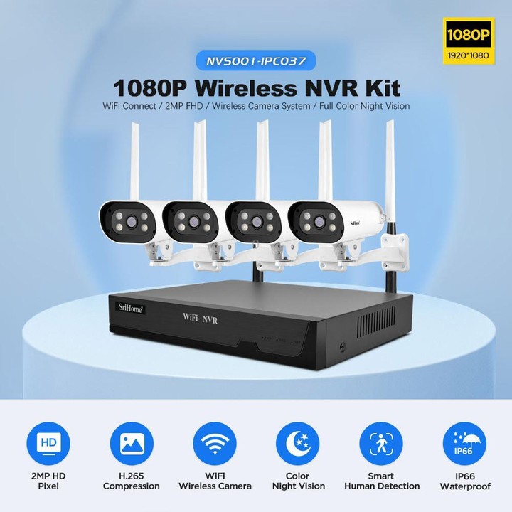 SriHome NVS001-IPC037 2MP HD 4-CH NVR WiFi IP Camera Kit(US Plug)