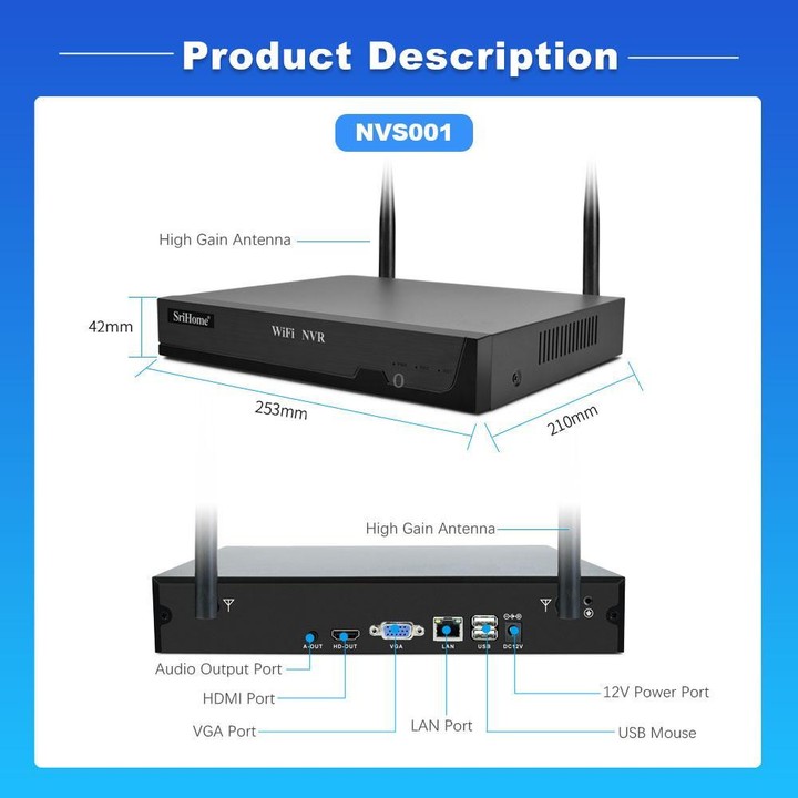 SriHome NVS001-IPC037 2MP HD 4-CH NVR WiFi IP Camera Kit(US Plug)