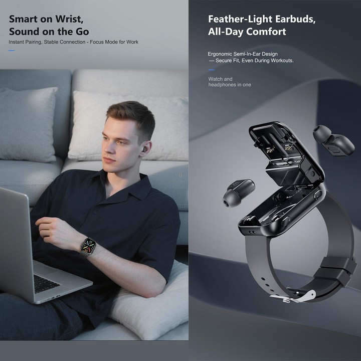 T1 TWS Headphones Smart Watch, 1.8 inch Square Screen, Support Bluetooth Call / Heart Rate(Black)