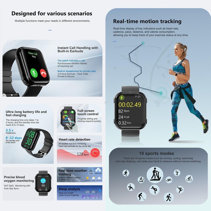 T1 TWS Headphones Smart Watch, 1.8 inch Square Screen, Support Bluetooth Call / Heart Rate(Black)