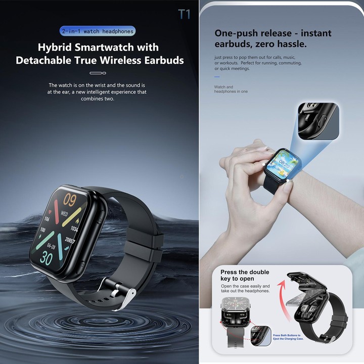 T1 TWS Headphones Smart Watch, 1.8 inch Square Screen, Support Bluetooth Call / Heart Rate(Black)