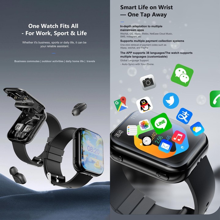 T1 TWS Headphones Smart Watch, 1.8 inch Square Screen, Support Bluetooth Call / Heart Rate(Black)