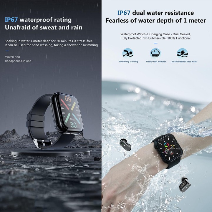 T1 TWS Headphones Smart Watch, 1.8 inch Square Screen, Support Bluetooth Call / Heart Rate(Black)