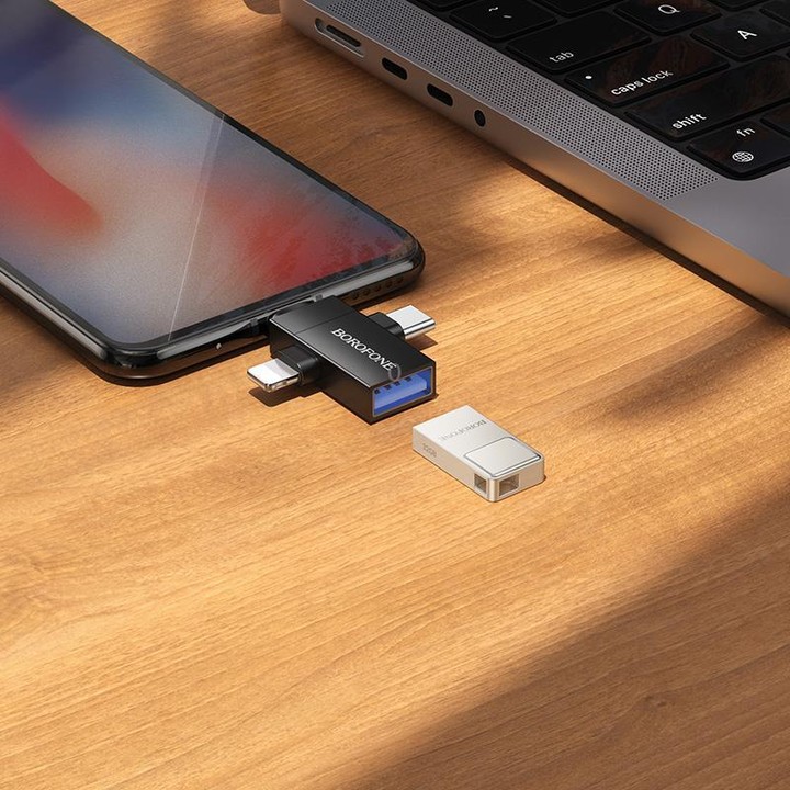 Borofone BV26D 8 Pin / Type-C / Micro USB Male to USB Female USB2.0 3-in-1 Adapter(Black)
