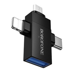 Borofone BV26D 8 Pin / Type-C / Micro USB Male to USB Female USB2.0 3-in-1 Adapter(Black)