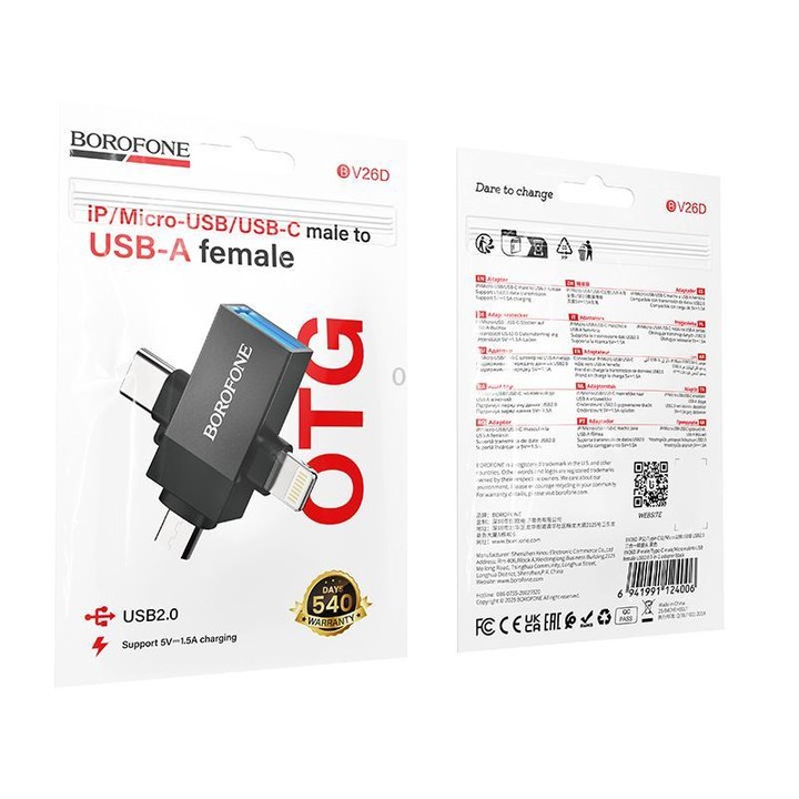 Borofone BV26D 8 Pin / Type-C / Micro USB Male to USB Female USB2.0 3-in-1 Adapter(Black)
