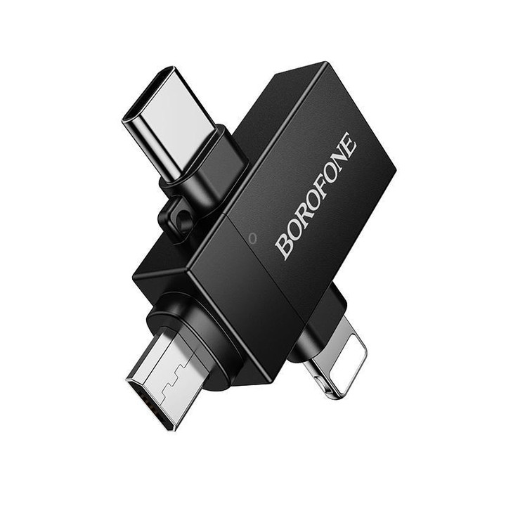 Borofone BV26D 8 Pin / Type-C / Micro USB Male to USB Female USB2.0 3-in-1 Adapter(Black)