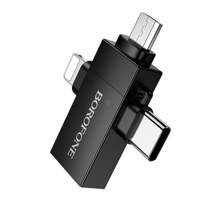 Borofone BV26D 8 Pin / Type-C / Micro USB Male to USB Female USB2.0 3-in-1 Adapter(Black)