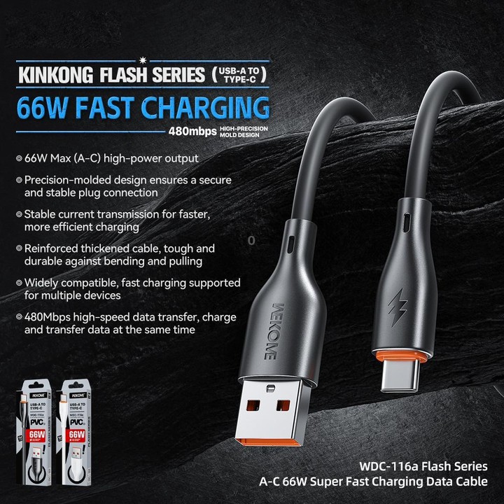 WK WDC-116a 66W USB to Type-C Fast Charging Data Cable, Length: 1m(Black)