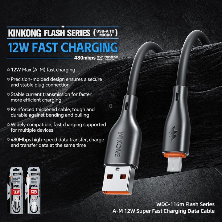 WK WDC-116m 12W USB to Micro USB Fast Charging Data Cable, Length: 1m(Black)