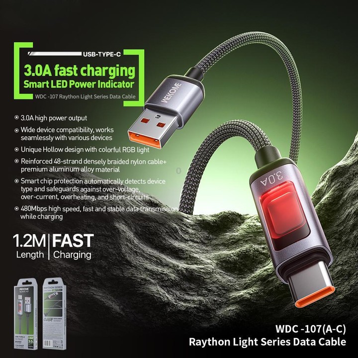 WK WDC-107 3A Intelligent Digital Display USB to Type-C Fast Charging Data Cable, Length: 1.2m(Black)