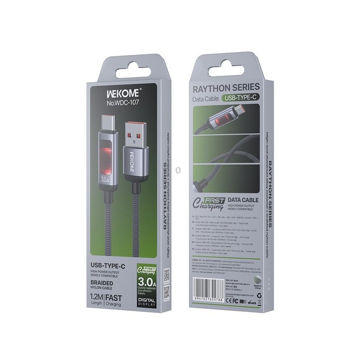 WK WDC-107 3A Intelligent Digital Display USB to Type-C Fast Charging Data Cable, Length: 1.2m(Black)