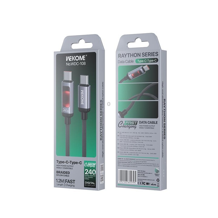 WK WDC-108 240W Intelligent Digital Display Type-C to Type-C Fast Charging Data Cable, Length: 1.2m(Black)
