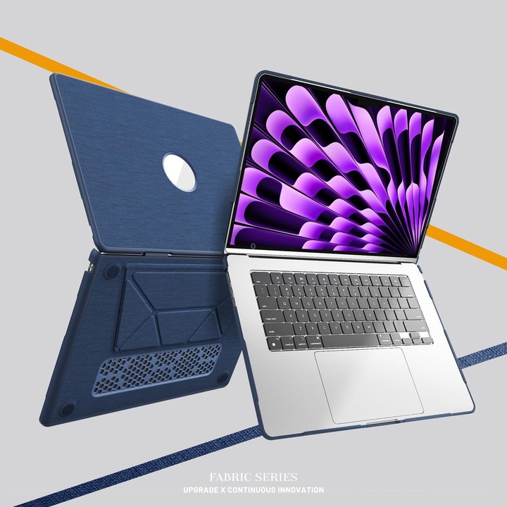 For MacBook Air 15.3 inch A3114 / A3241 Fabric Texture Pro Magnetic Holder Laptop Protective Case(Navy Blue)