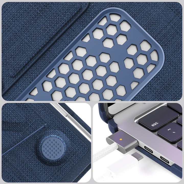 For MacBook Air 15.3 inch A3114 / A3241 Fabric Texture Pro Magnetic Holder Laptop Protective Case(Navy Blue)