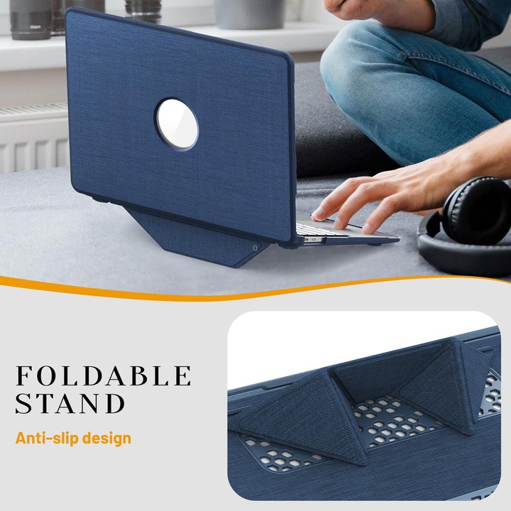 For MacBook Air 13.3 inch A2337 Fabric Texture Pro Magnetic Holder Laptop Protective Case(Navy Blue)