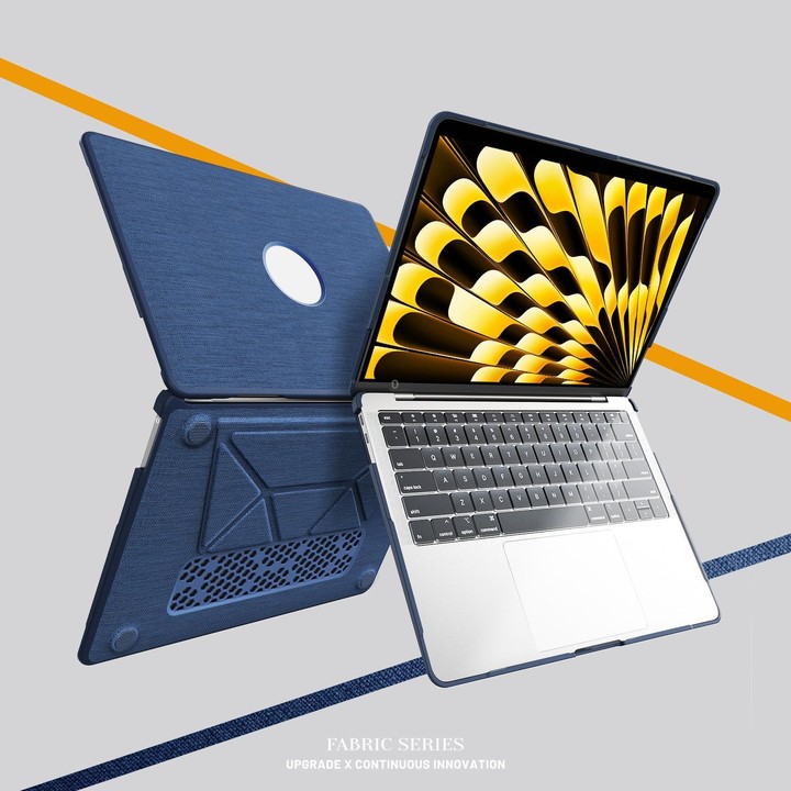 For MacBook Air 13.3 inch A2337 Fabric Texture Pro Magnetic Holder Laptop Protective Case(Navy Blue)