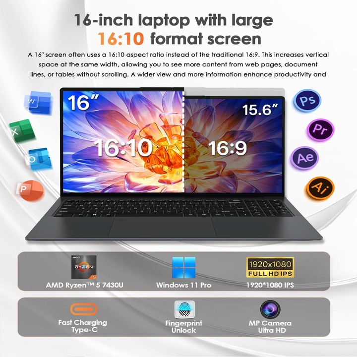 GXMO T160 16 inch Windows 11 Laptop, 16GB+512GB, AMD Ryzen 5 7430U Hexa Core Processor(EU Plug)