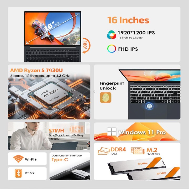 GXMO T160 16 inch Windows 11 Laptop, 16GB+512GB, AMD Ryzen 5 7430U Hexa Core Processor(AU Plug)