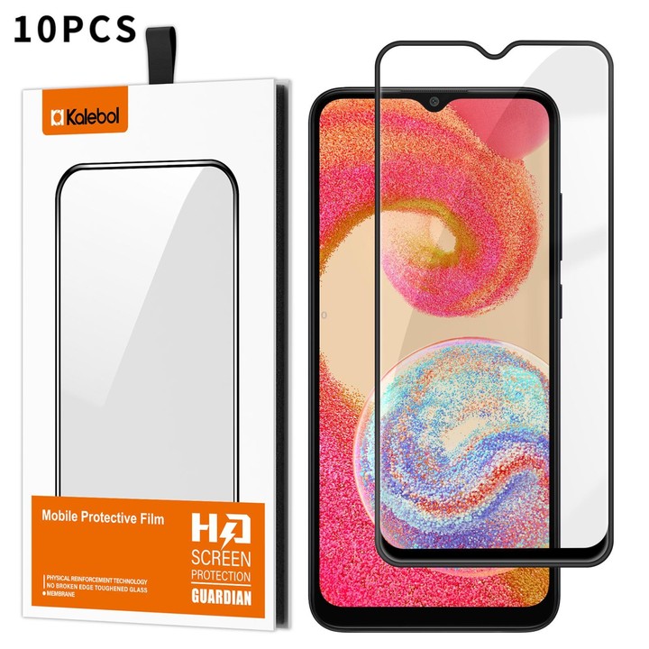 For Galaxy A04e 10pcs Kalebol High-Aluminum Screen-Printed Full-Coverage Anti-Fingerprint Black-Bordered HD Tempered Glass Film