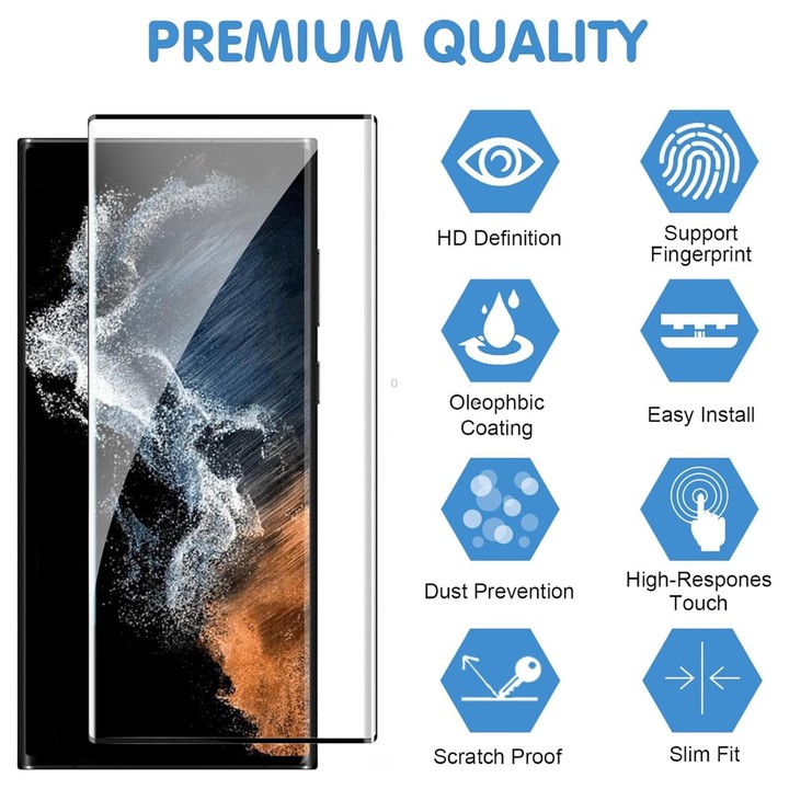 For Samsung Galaxy S22 Ultra 5G Kalebol Curved High-Aluminum Screen-Printed Full-Coverage Anti-Fingerprint Black-Bordered HD Tem
