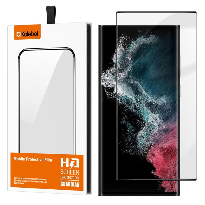 For Samsung Galaxy S22 Ultra 5G Kalebol Curved High-Aluminum Screen-Printed Full-Coverage Anti-Fingerprint Black-Bordered HD Tem
