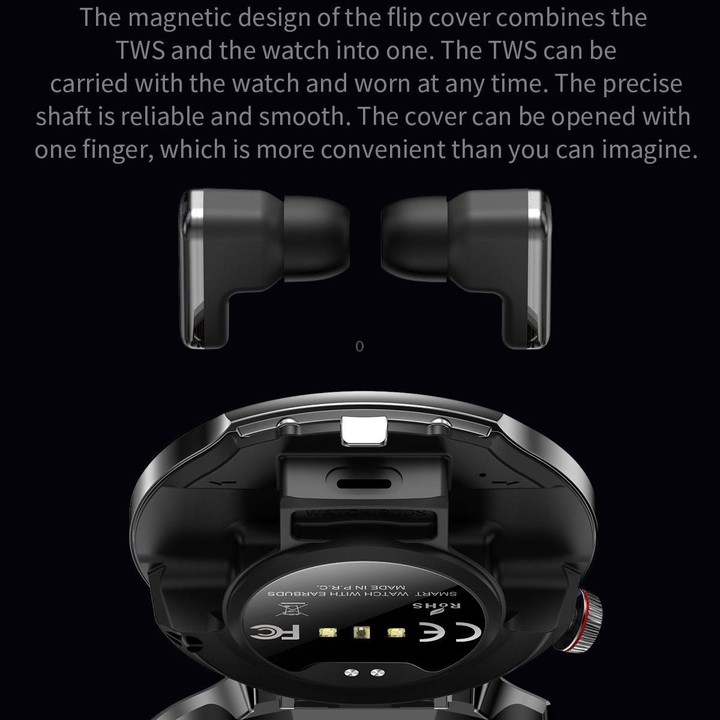 T100 1.85 inch Round Screen 2 in 1 Bluetooth Earphone IP67 Waterproof Smart Watch, Supports Blood Oxygen Monitoring(Black)