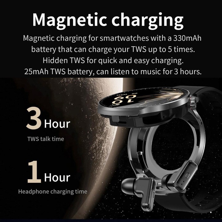 T100 1.85 inch Round Screen 2 in 1 Bluetooth Earphone IP67 Waterproof Smart Watch, Supports Blood Oxygen Monitoring(Black)