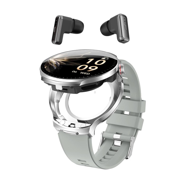 T100 1.85 inch Round Screen 2 in 1 Bluetooth Earphone IP67 Waterproof Smart Watch, Supports Blood Oxygen Monitoring(Silver)