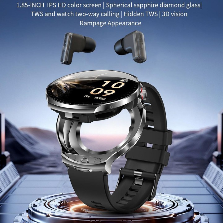 T100 1.85 inch Round Screen 2 in 1 Bluetooth Earphone IP67 Waterproof Smart Watch, Supports Blood Oxygen Monitoring(Silver)