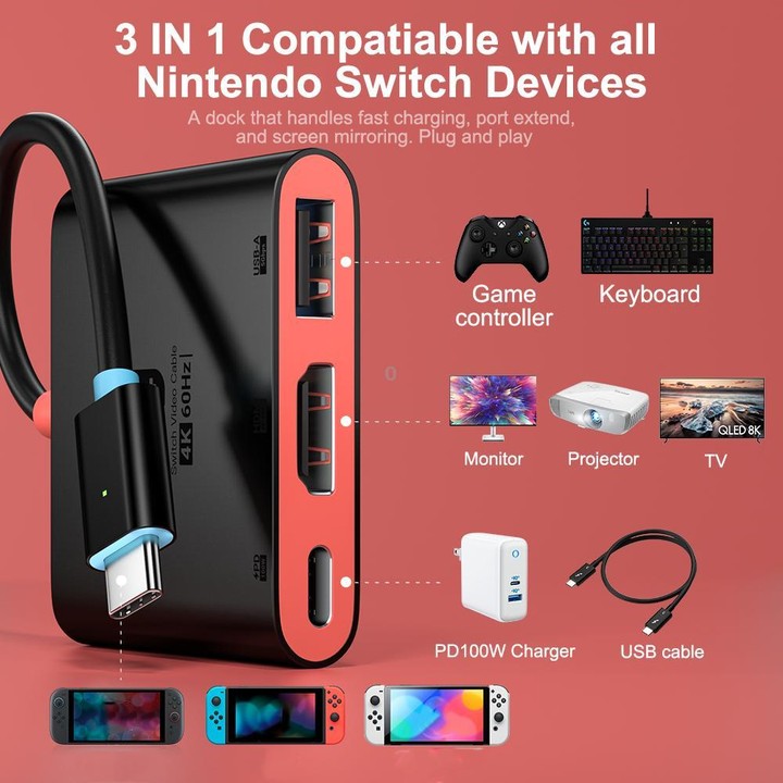 For Nintendo Switch 3 in 1 Type-C to HDMI + USB 3.0 + Type-C PD Charging Port Desktop Docking Station