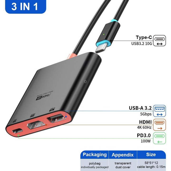 For Nintendo Switch 3 in 1 Type-C to HDMI + USB 3.0 + Type-C PD Charging Port Desktop Docking Station