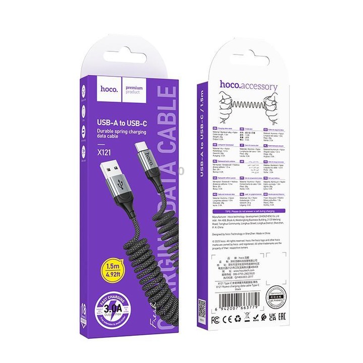 hoco X121 Nuevo Charging USB-A to Type-C Spring Braided Data Cable(Black)