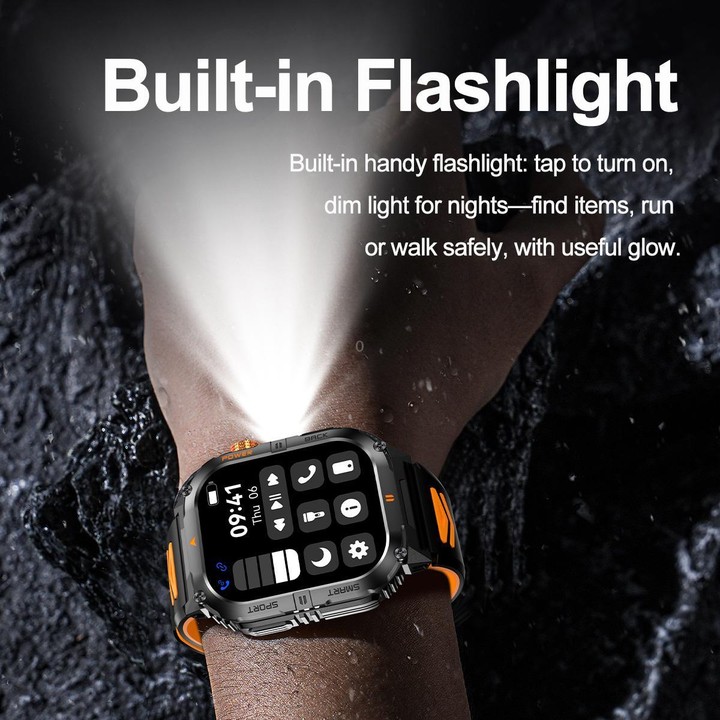 YK12 2.0 inch Screen Outdoor Sports Smart Watch IP68 Waterproof Built-in Flashlight(Black)