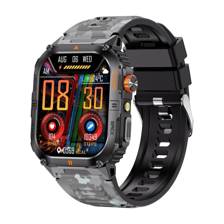 YK12 2.0 inch Screen Outdoor Sports Smart Watch IP68 Waterproof Built-in Flashlight(Camouflage Grey)