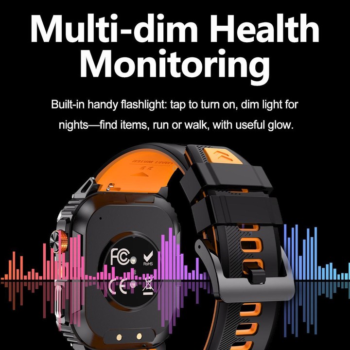 YK12 2.0 inch Screen Outdoor Sports Smart Watch IP68 Waterproof Built-in Flashlight(Orange Black)