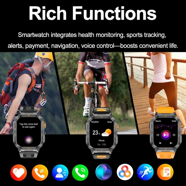 YK12 2.0 inch Screen Outdoor Sports Smart Watch IP68 Waterproof Built-in Flashlight(Camouflage Green)