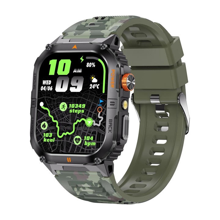 YK12 2.0 inch Screen Outdoor Sports Smart Watch IP68 Waterproof Built-in Flashlight(Camouflage Green)