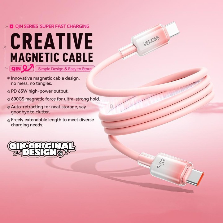 WK WDC-C11 QIN Series 1m 65W Type-C to Type-C Magnetic Silicone Fast Charging Data Cable(Pink)