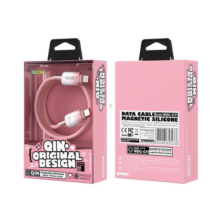 WK WDC-C11 QIN Series 1m 65W Type-C to Type-C Magnetic Silicone Fast Charging Data Cable(Pink)